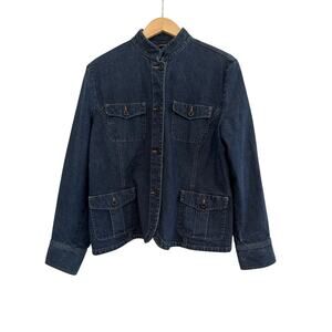 Lands End Button Down Denim Jacket Women Large 14 16 Dark Wash Blue Western Boho